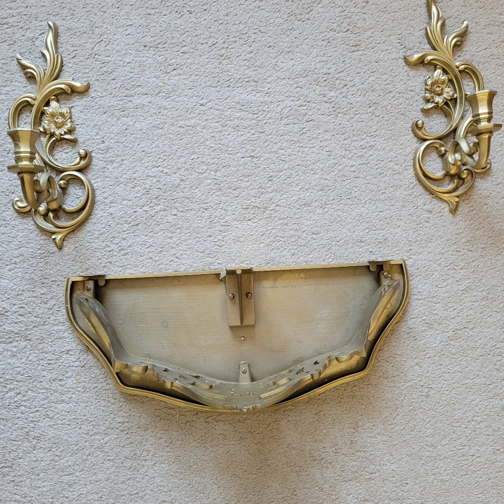 Vintage Set Syroco Dart Gold Hollywood Regency Wall Sconces and Shelf #3025#3933